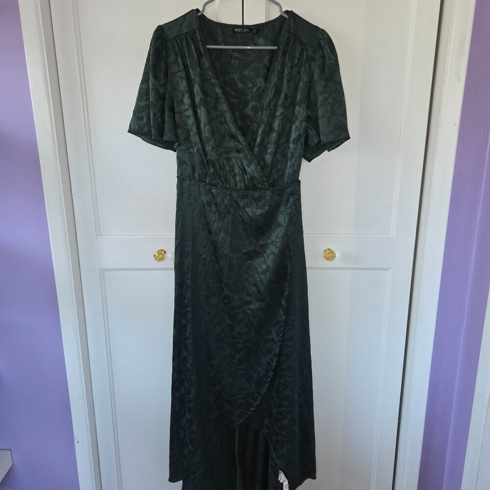 Women's Forest Green Satin Wrap Dress size 8 by Nasty Gal